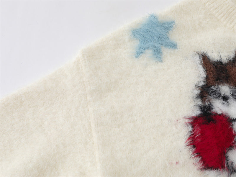 Cat Cartoon Fuzzy Knit Cardigan Sweater – Crew Neck Button-Front