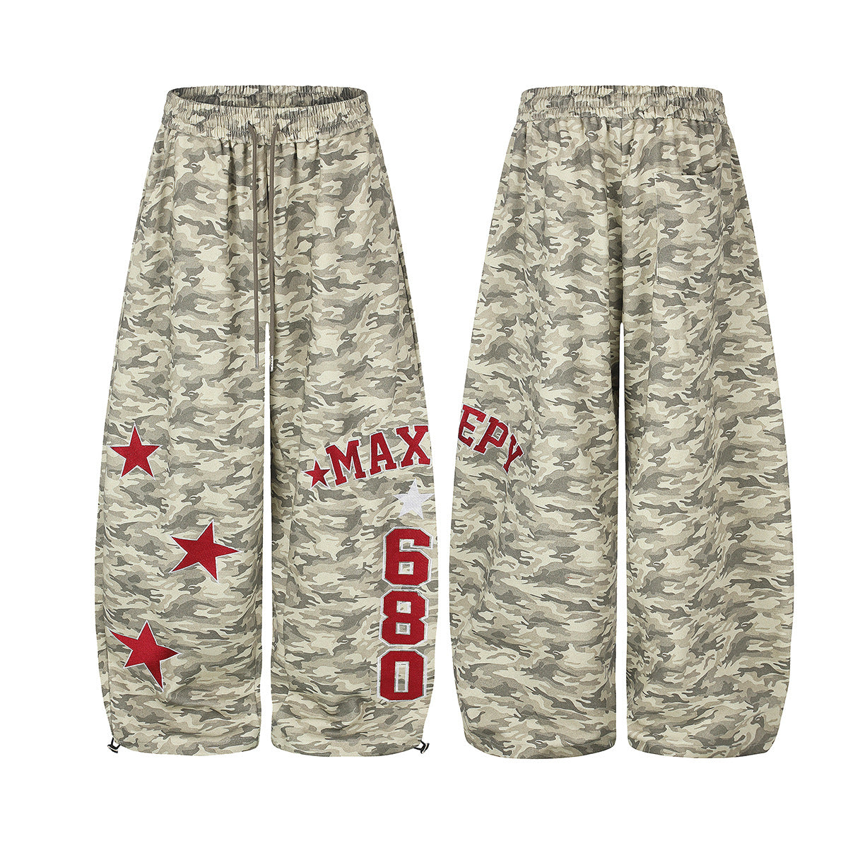 Pantalones de chándal camuflaje de pierna ancha con estrellas bordadas y gráfico 680