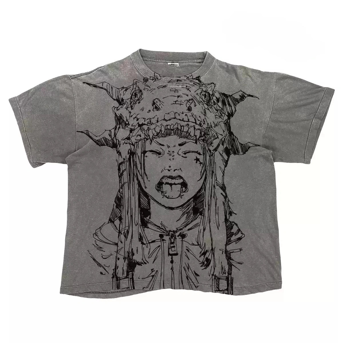 Vintage Wash Cream Anime Demon Girl Sketch Oversized Graphic Tee