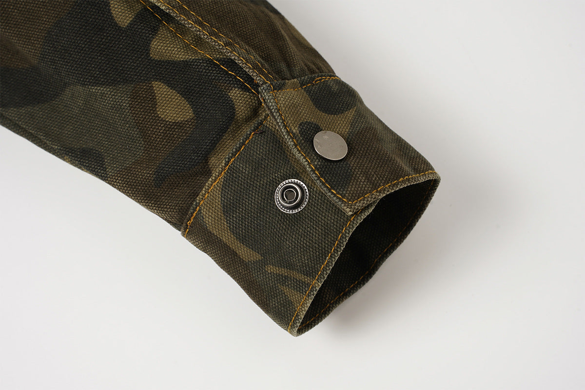 Veste de travail zippée en toile camouflage avec col en velours côtelé