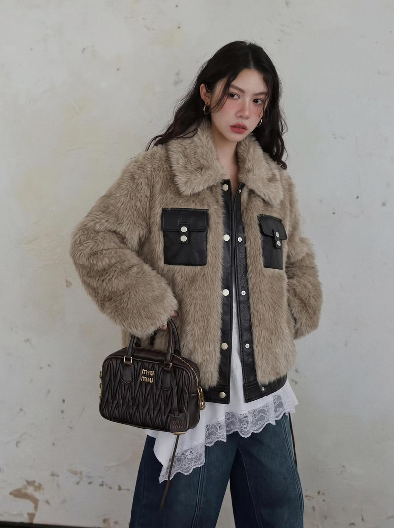 Oversized camel faux fur jacket with black faux-leather chest pockets and snap-button front, front and back view