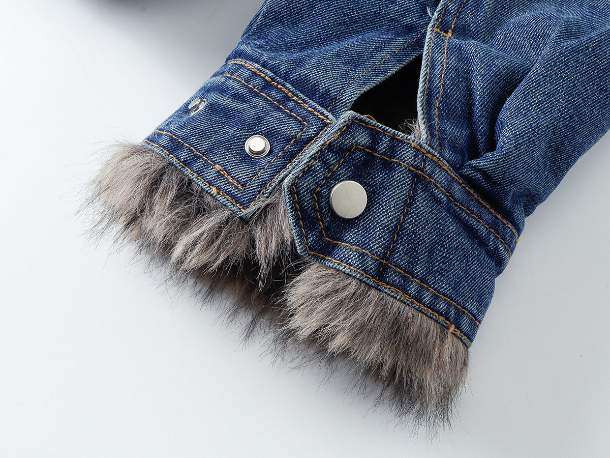 Fur-Lined Denim Jacket – Men's Winter Bomber with Faux Fur Collar & Quilted