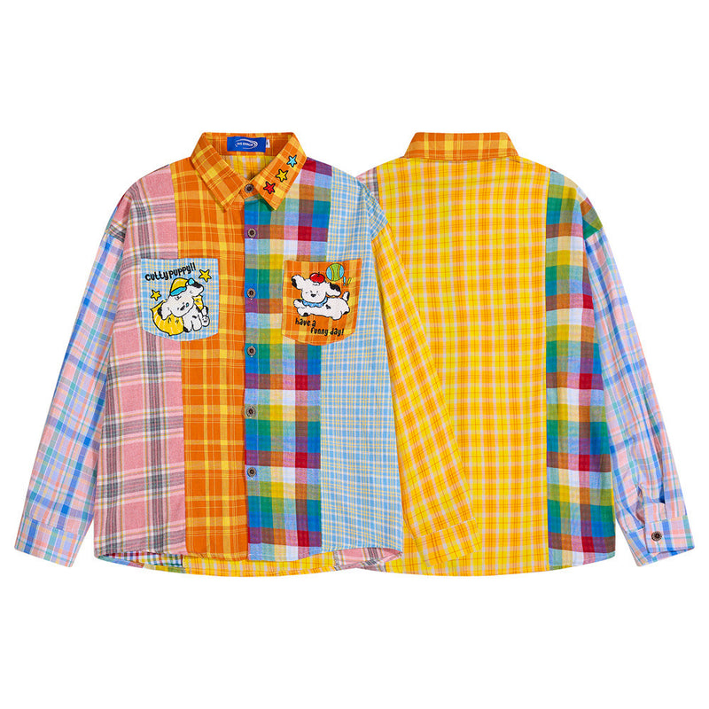Patchwork Plaid Long Sleeve Shirt with Cartoon Puppy Embroidery — Oversized