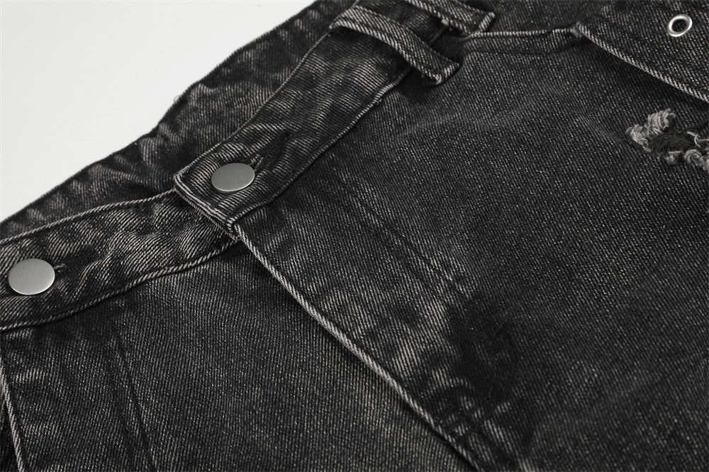 Deconstructed Cargo Denim Shorts – Multi-Pocket Punk Distressed Wide Leg