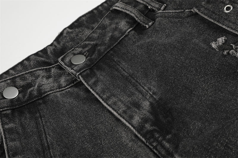 Deconstructed Cargo Denim Shorts – Multi-Pocket Punk Distressed Wide Leg