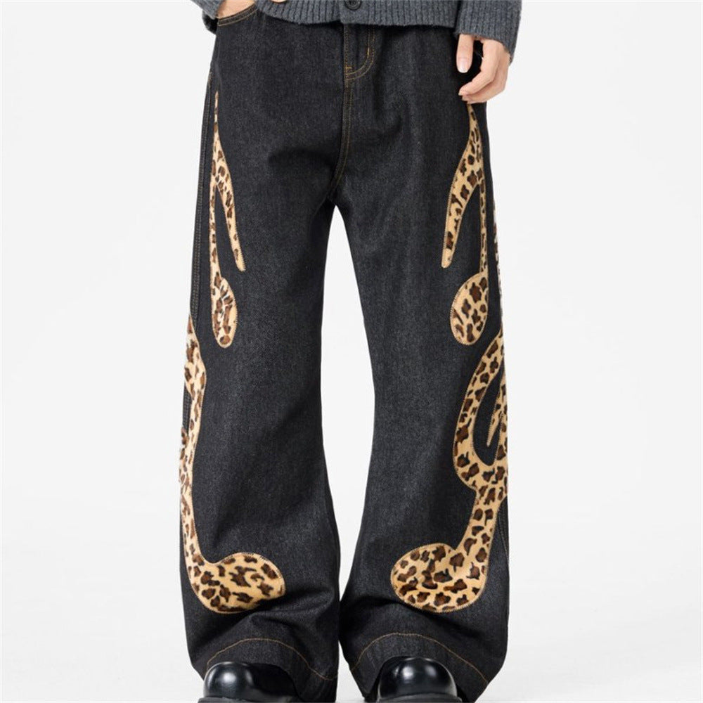 Loose Fit Jeans Men – Black Wide-Leg Denim with Leopard Print Appliqué Patches
