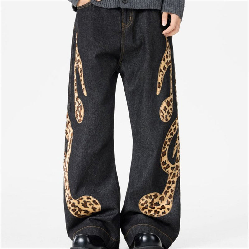 Loose Fit Jeans Men – Black Wide-Leg Denim with Leopard Print Appliqué Patches