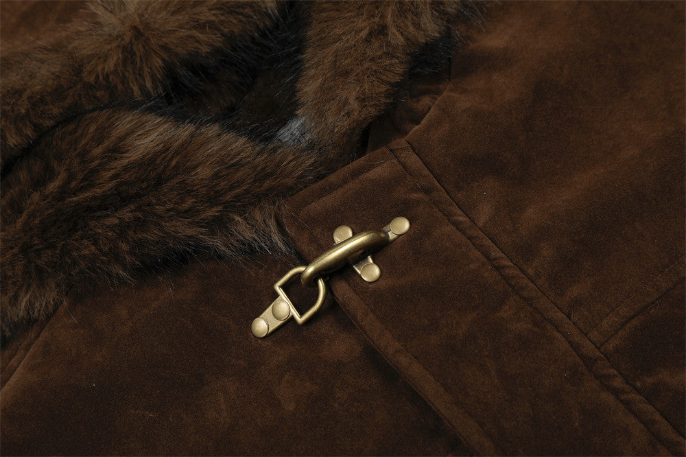 Faux Mink Fur-Trimmed Hooded Bomber Jacket with Toggle Clasps