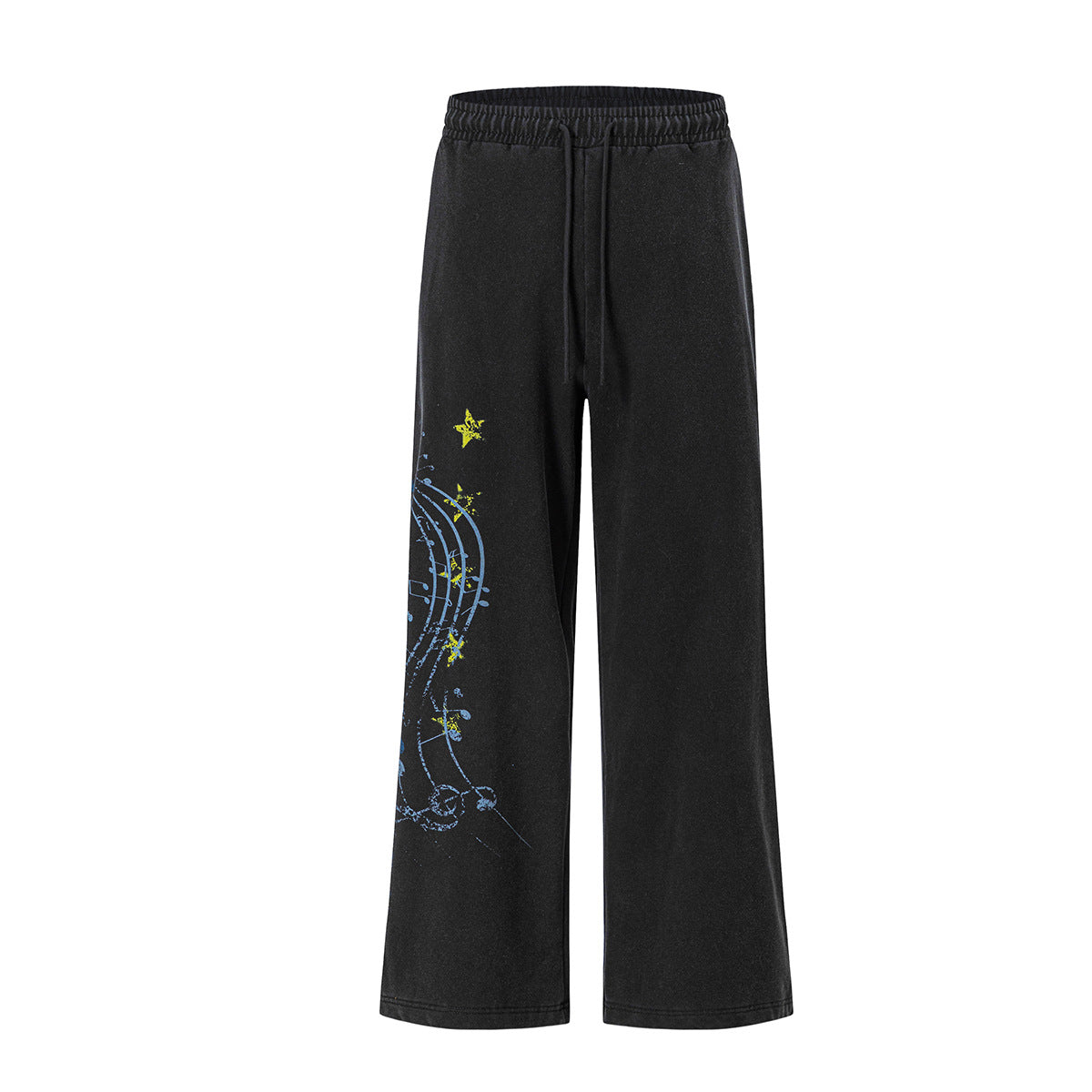Pantalon de survêtement à jambes larges avec motif de notes de musique, coupe décontractée délavée