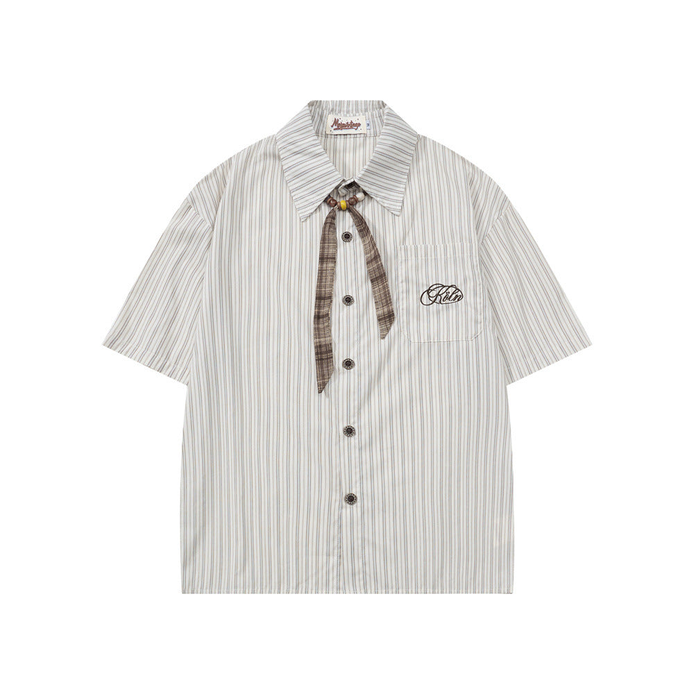 Striped Short Sleeve Shirt – Japanese Loose Fit with Necktie Detail