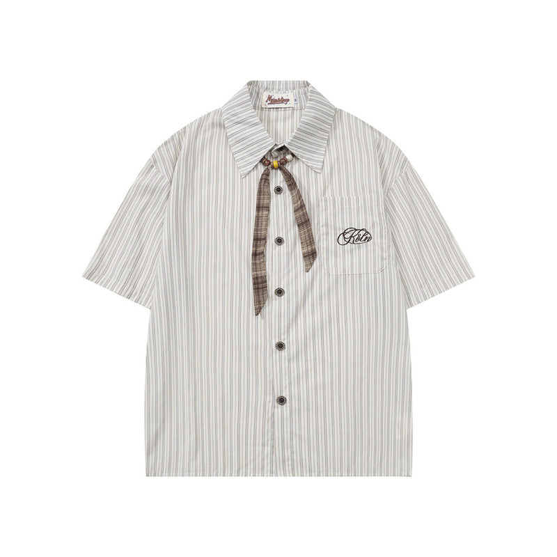 Striped Short Sleeve Shirt – Japanese Loose Fit with Necktie Detail