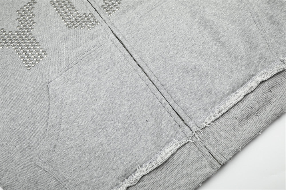 Sweat à capuche zippé « YOU » orné de perles – Sweat gris en molleton à ourlet brut