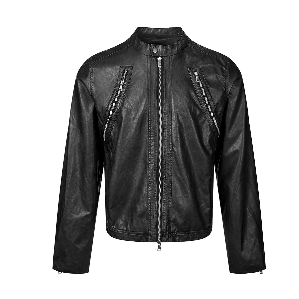 Veste motard homme en similicuir noir, col officier, poches poitrine zippées et liseré décoratif zippé au centre devant, vue de face