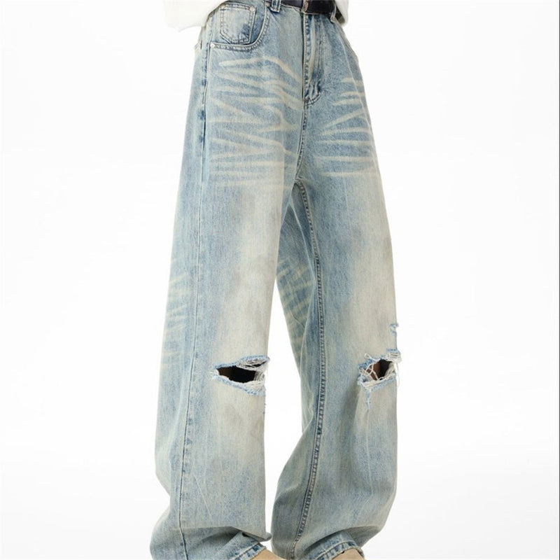 Wide-Leg Distressed Jeans – Light Wash Vintage Ripped Straight Denim