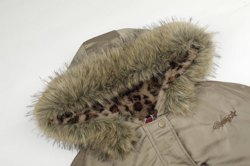 Leopard Print Fleece-Lined Bomber Jacket with Faux Fur Hood