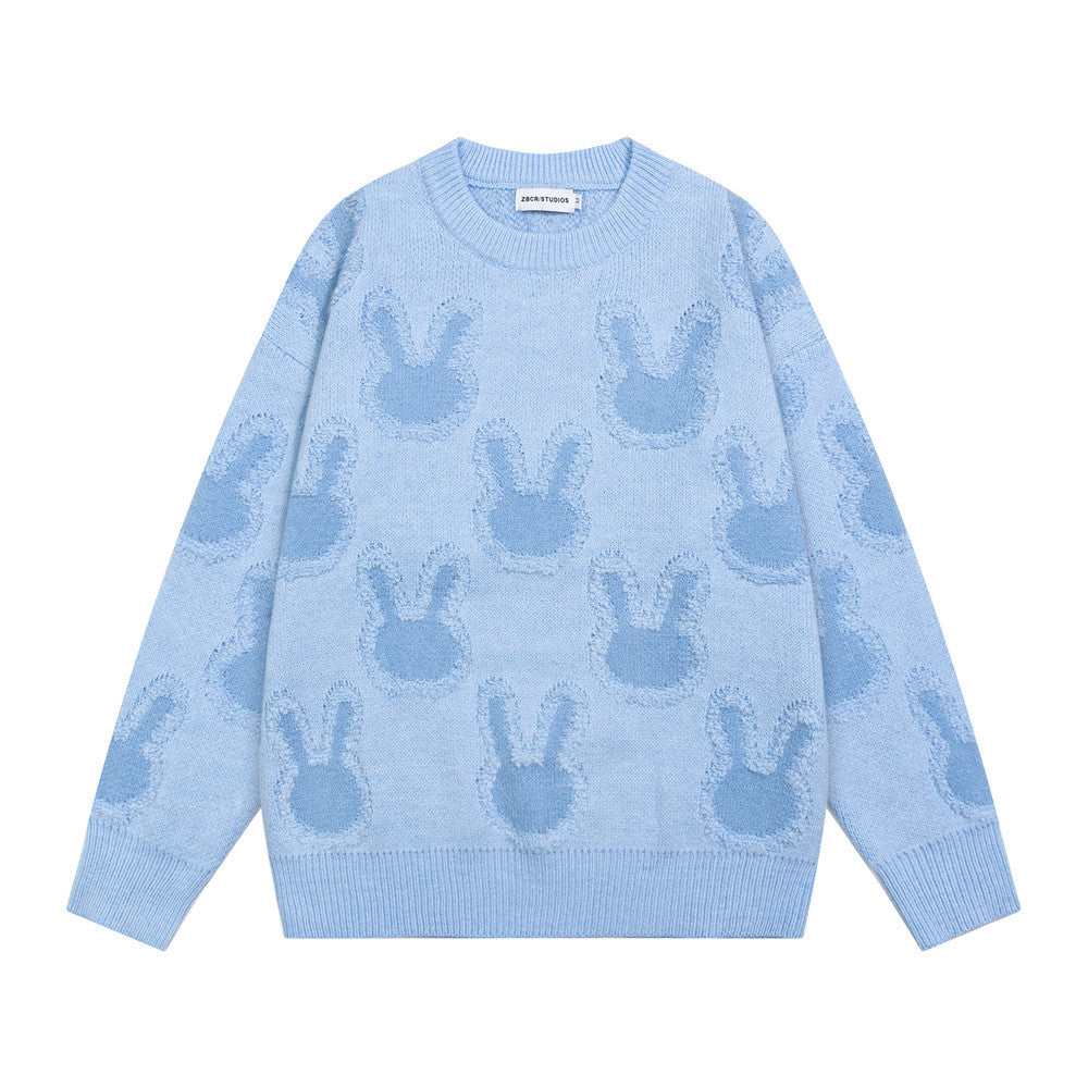 Light Pink Oversized Sweater – All-Over Bunny Jacquard Knit Pullover