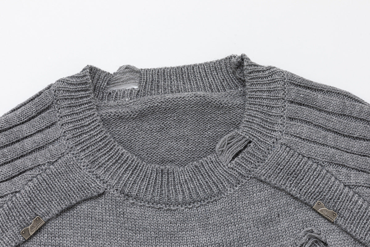 Distressed Graphic Knit Sweater – Raglan Ribbed Sleeve, Rock Print, Grey