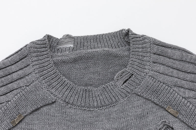 Distressed Graphic Knit Sweater – Raglan Ribbed Sleeve, Rock Print, Grey