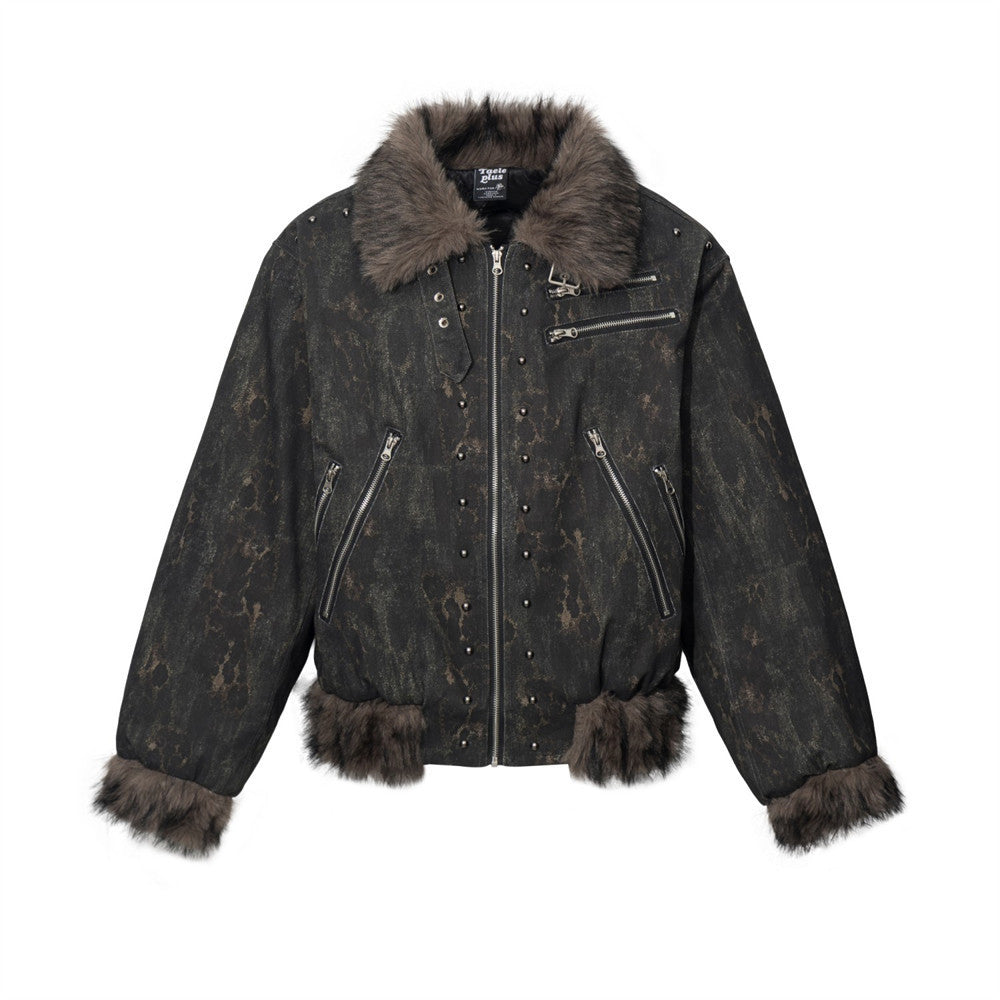 Men's Punk Bomber Jacket with Faux Fur Trim, Distressed Camo Print &