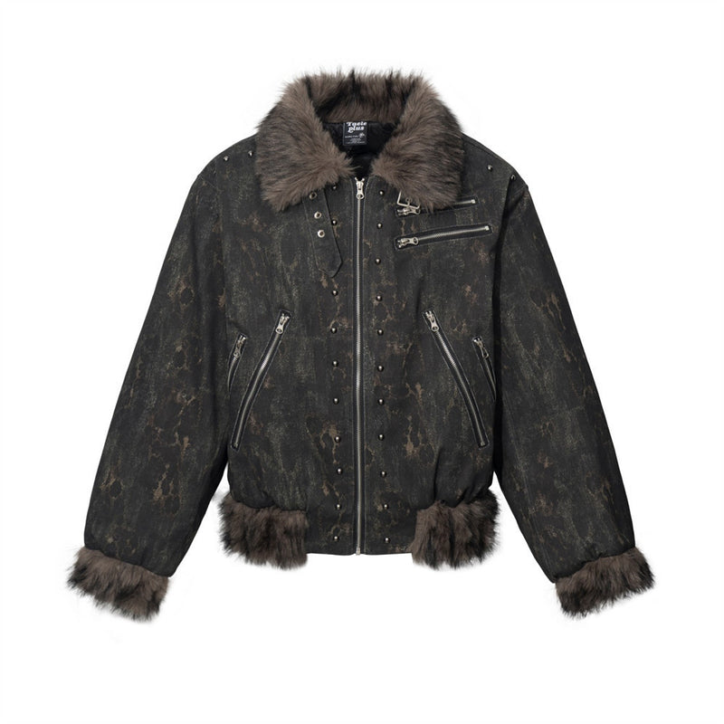 Men's Punk Bomber Jacket with Faux Fur Trim, Distressed Camo Print &