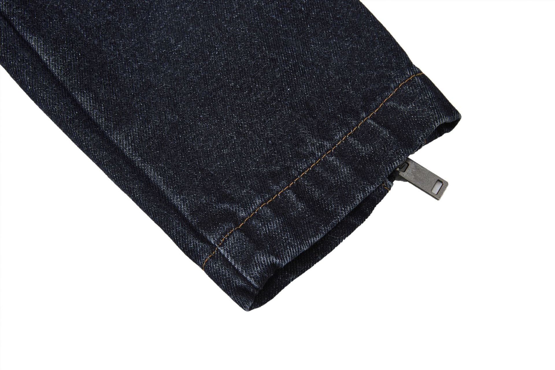 Veste biker moto en denim – Col montant indigo foncé, poches zippées et base ceinturée