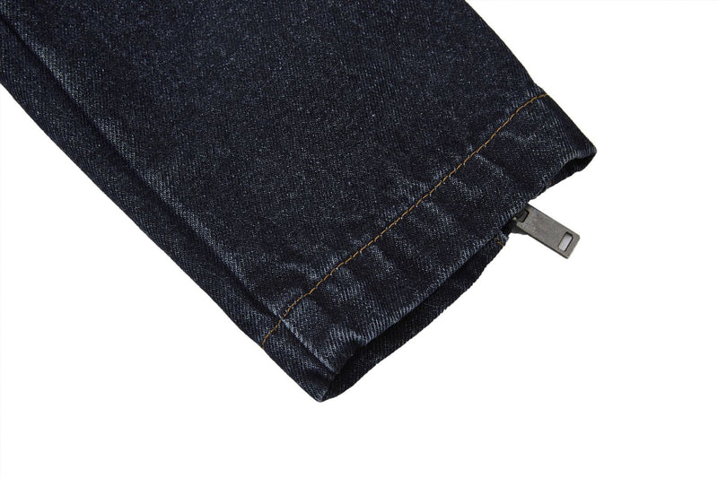 Veste biker moto en denim – Col montant indigo foncé, poches zippées et base ceinturée