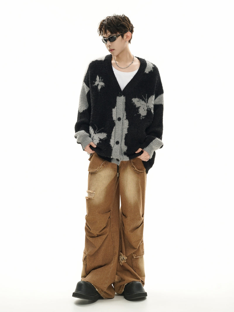 Gilet cardigan en maille jacquard papillon – Col V oversize, maille couple
