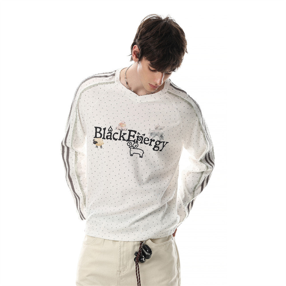 Men's white v neck long sleeve shirt with all-over polka dot print, grey triple-stripe sleeve panels, and BlackEnergy graphic