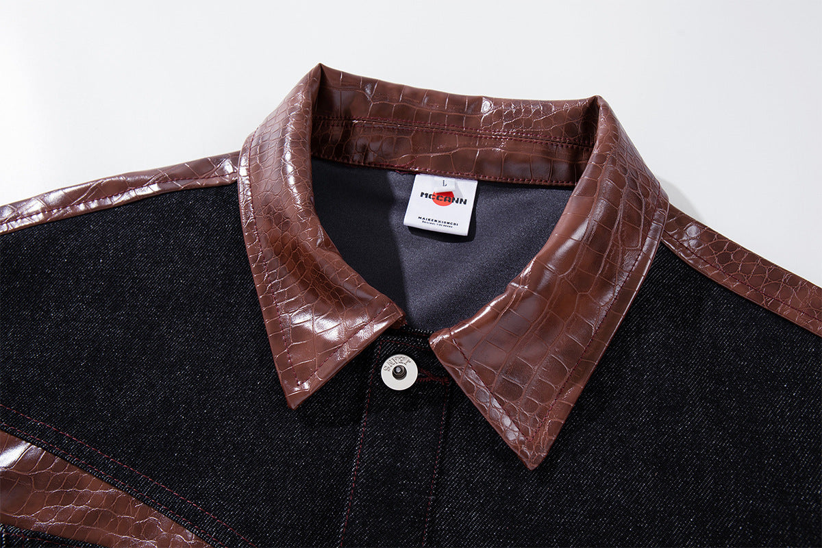 Boxy Raw Denim Jacket with Crocodile-Embossed Leather Panels