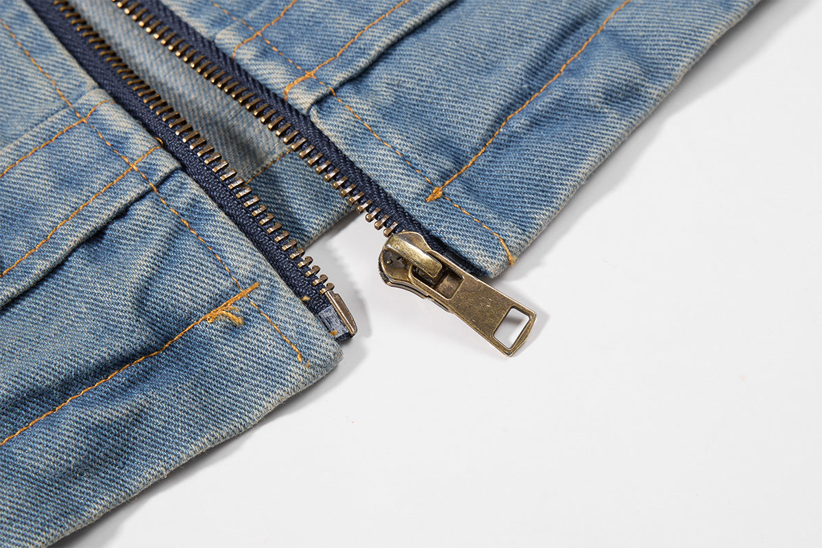 Military-Style Washed Denim Jacket – Stand Collar, Double-Breasted Button Detail