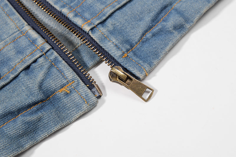 Military-Style Washed Denim Jacket – Stand Collar, Double-Breasted Button Detail