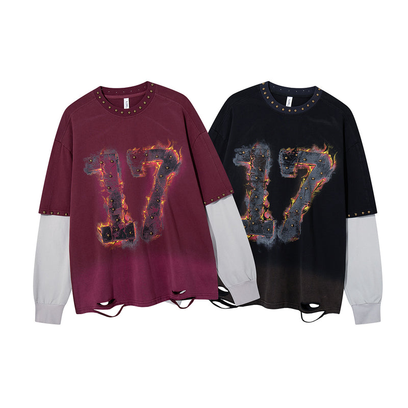 T-shirt manches longues effet superposé Flame 17 – Bas délavé, clous