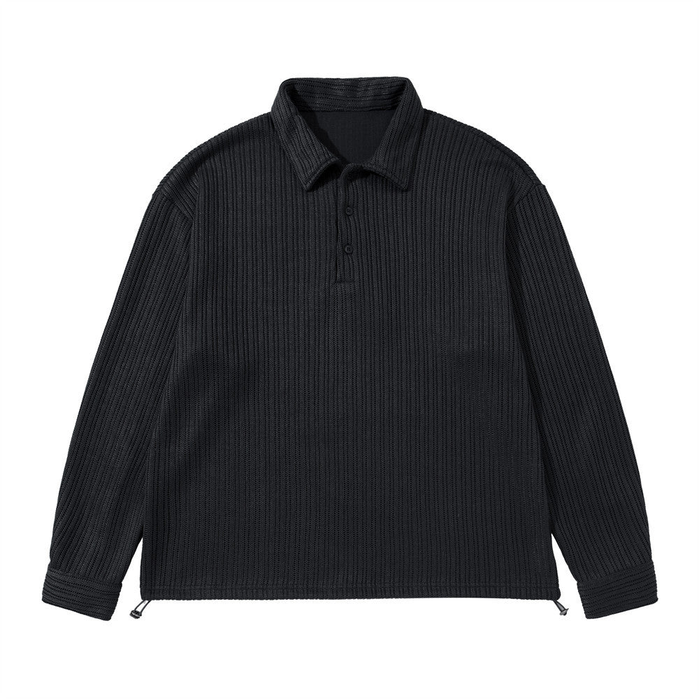 Men's oversized ribbed texture long sleeve polo collar shirt in black, front view