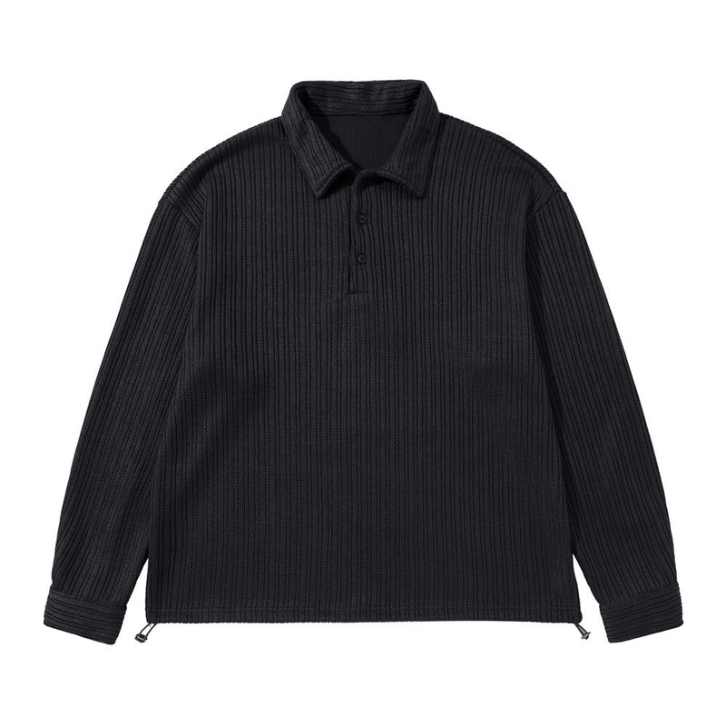 Men's oversized ribbed texture long sleeve polo collar shirt in black, front view