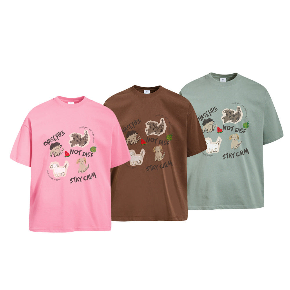 Oversized cartoon dog graphic crew neck t-shirt in sage green, chocolate brown, and light pink with hand-drawn puppy print