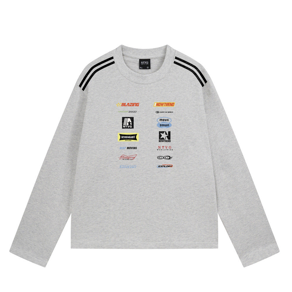 Racing Logo Print Long Sleeve T-Shirt – Relaxed Fit Crewneck with Stripe
