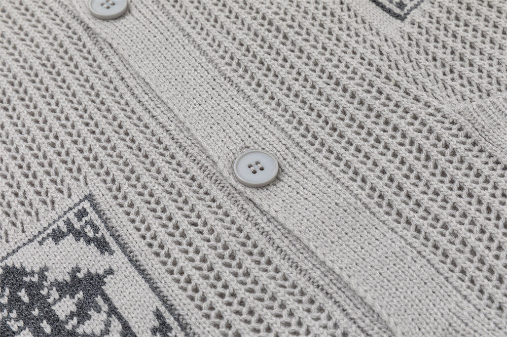Jacquard Open-Knit Cardigan Sweater – Relaxed Fit with Graphic Tile Pattern