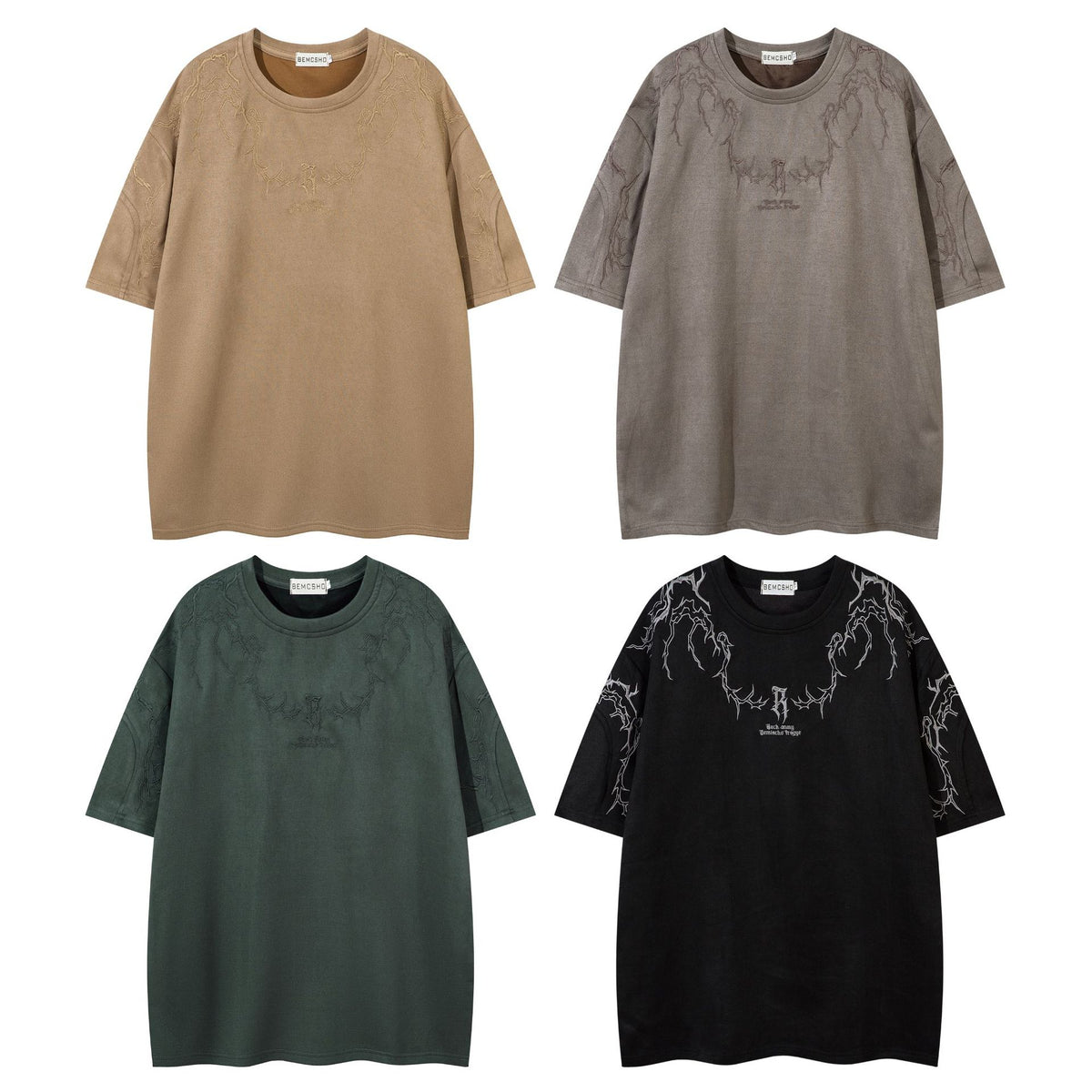 Oversized-T-Shirt mit kurzen Ärmeln und gotischer Dornenstickerei in vier Farben: Khaki, Anthrazitgrau, Waldgrün und Schwarz
