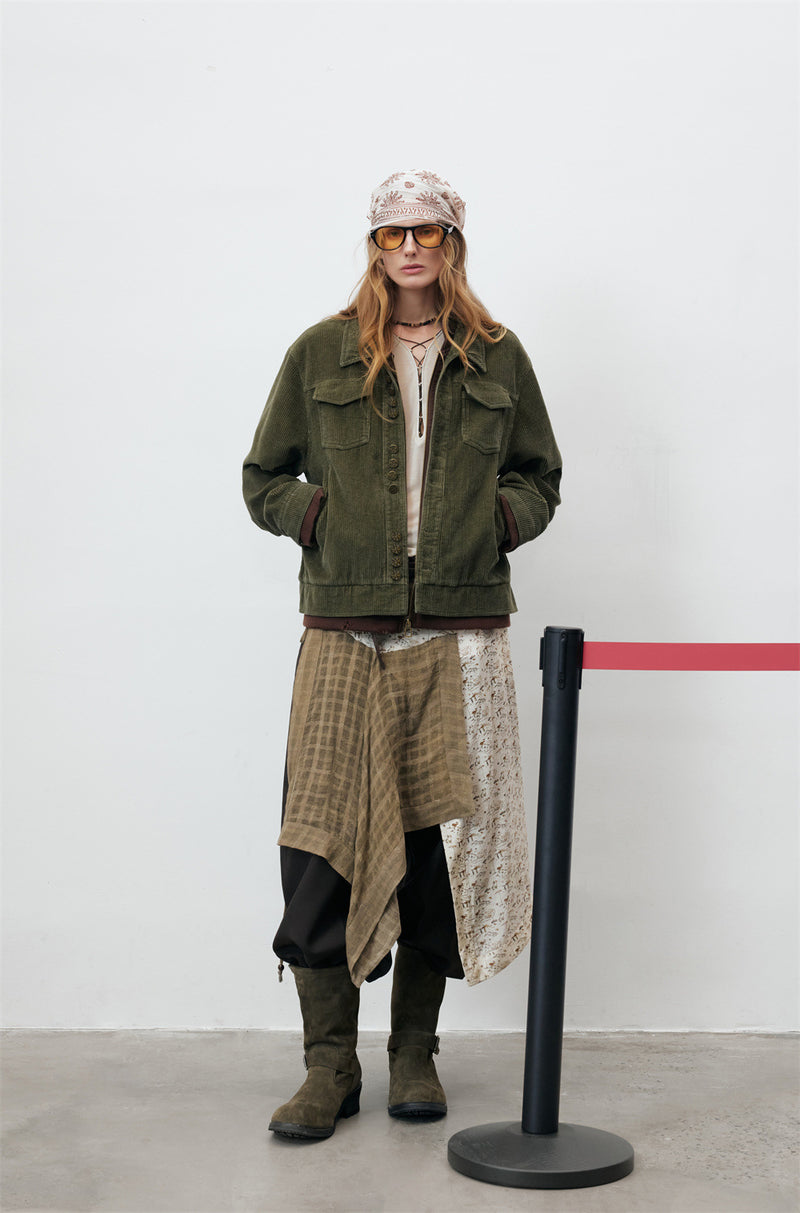 Men's Army Green Corduroy Jacket with Metal Buttons & Layered Hem Detail