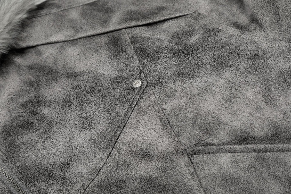 Men's Grey Faux-Fur Hooded Bomber Jacket – Fleece-Lined Winter Coat