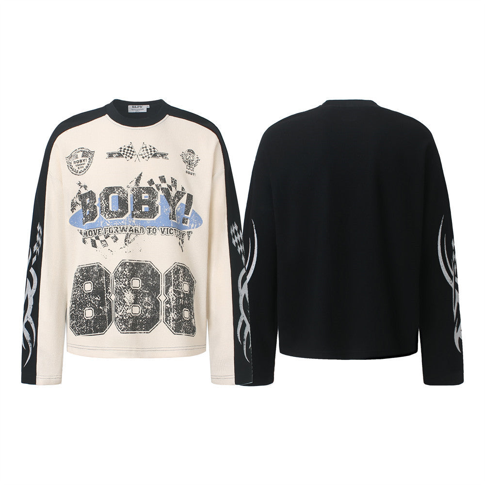 Men's Long Sleeve Waffle Knit Shirt – Moto Racing Graphic Colorblock Crew Neck