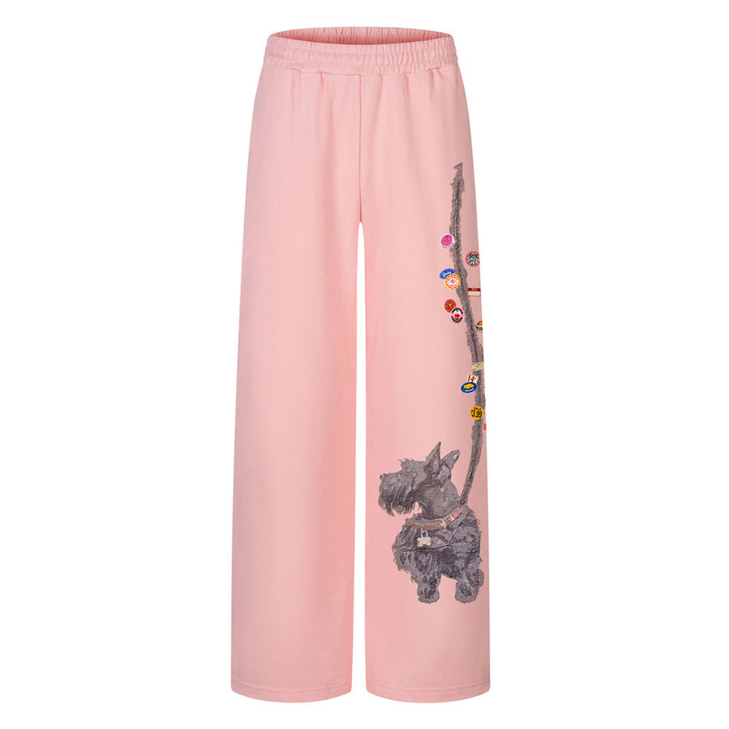Scottie Dog Graphic Wide-Leg Sweatpants with Elastic Waist
