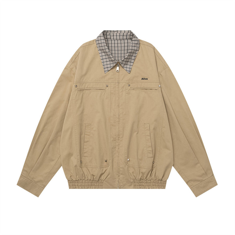 Oversized Harrington Jacket with Contrast Plaid Collar – Men's Relaxed Fit