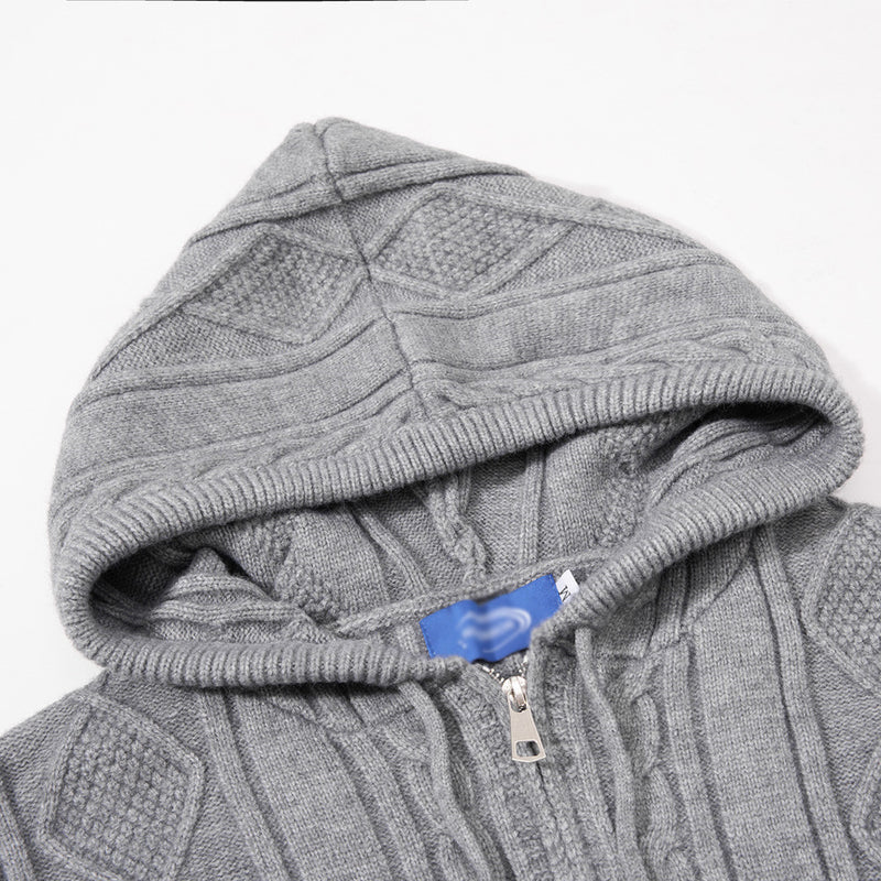 Sweat à capuche zippé en maille torsadée à motif losanges et capuche à cordon