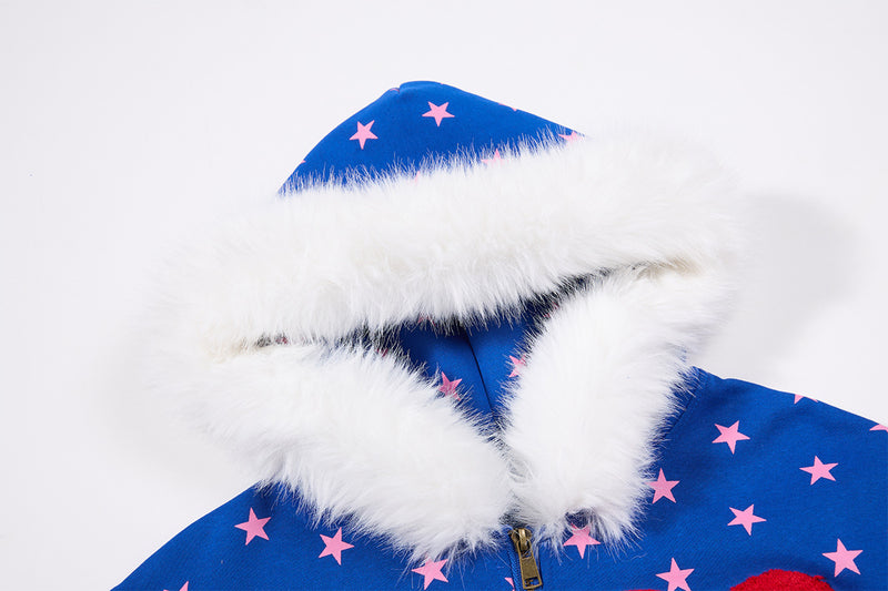 Hoodie zippé à motif étoiles, capuche bordée de fausse fourrure et motif « I ♥ Me »