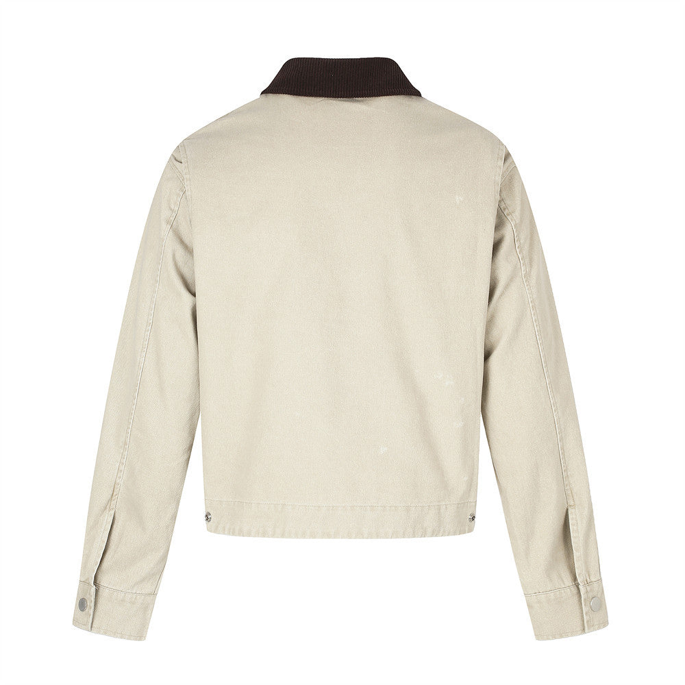 Back view of beige distressed jean jacket with brown collar and plain panel design