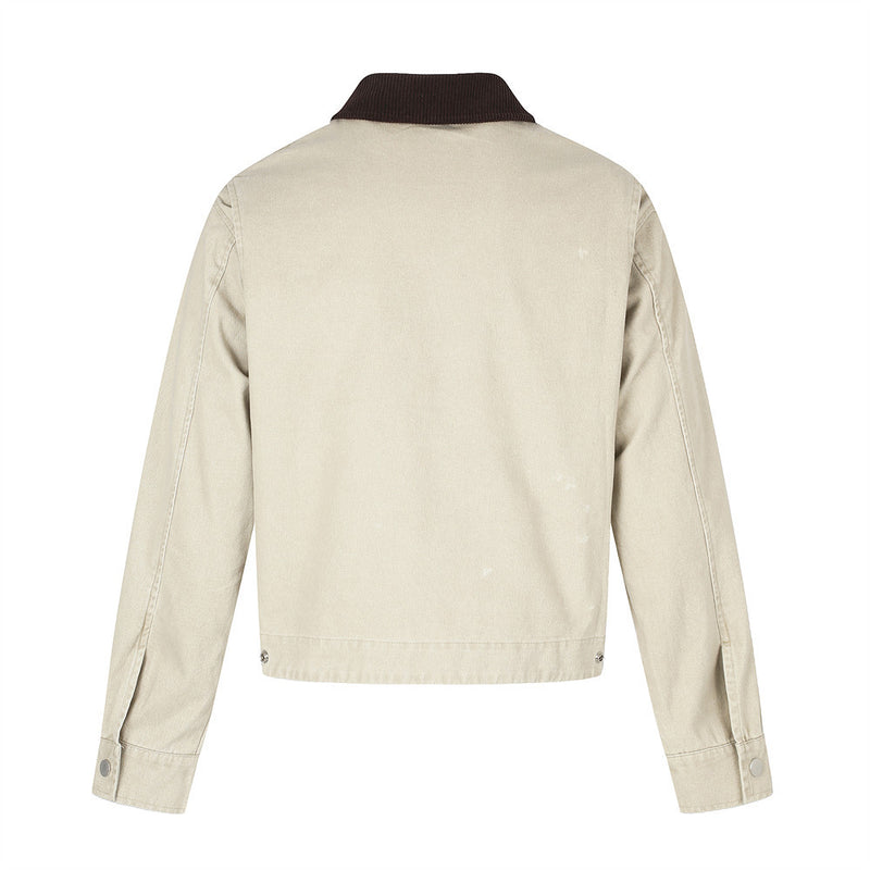 Back view of beige distressed jean jacket with brown collar and plain panel design