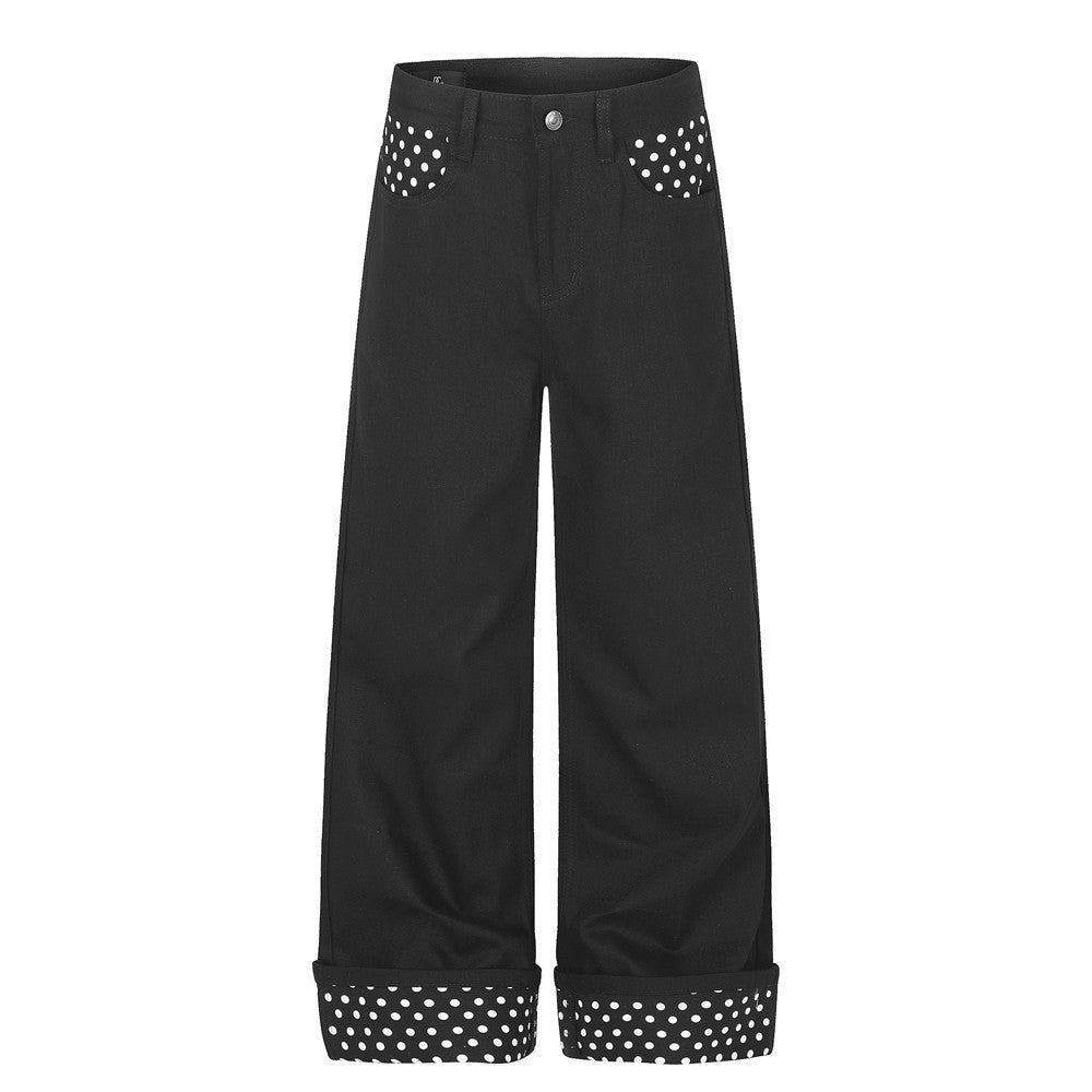 Pantalon à jambes larges avec poches contrastantes à pois et revers aux ourlets
