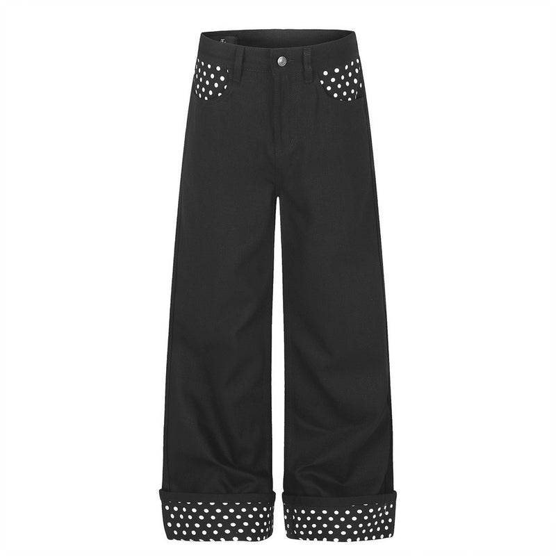 Pantalon à jambes larges avec poches contrastantes à pois et revers aux ourlets