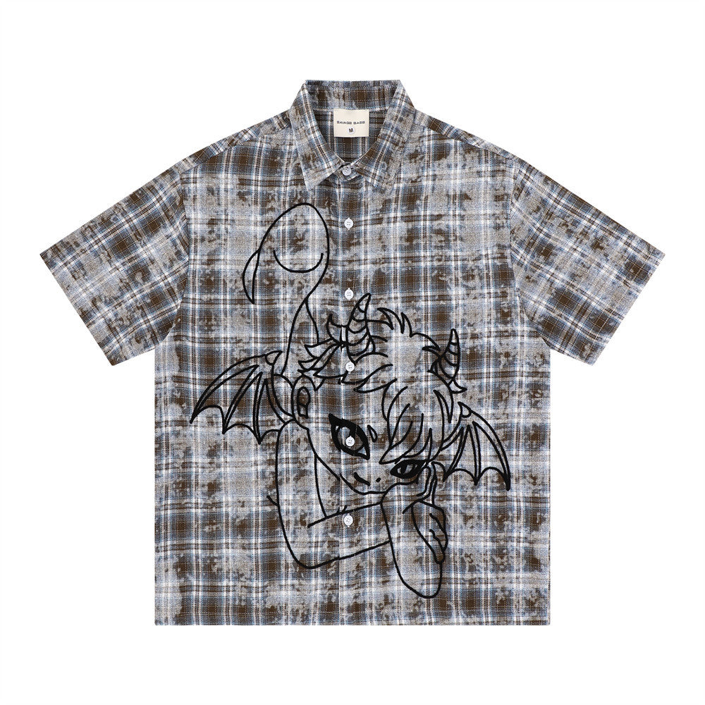 American Vintage Tie-Dye Plaid Short Sleeve Shirt with Dragon Graphic